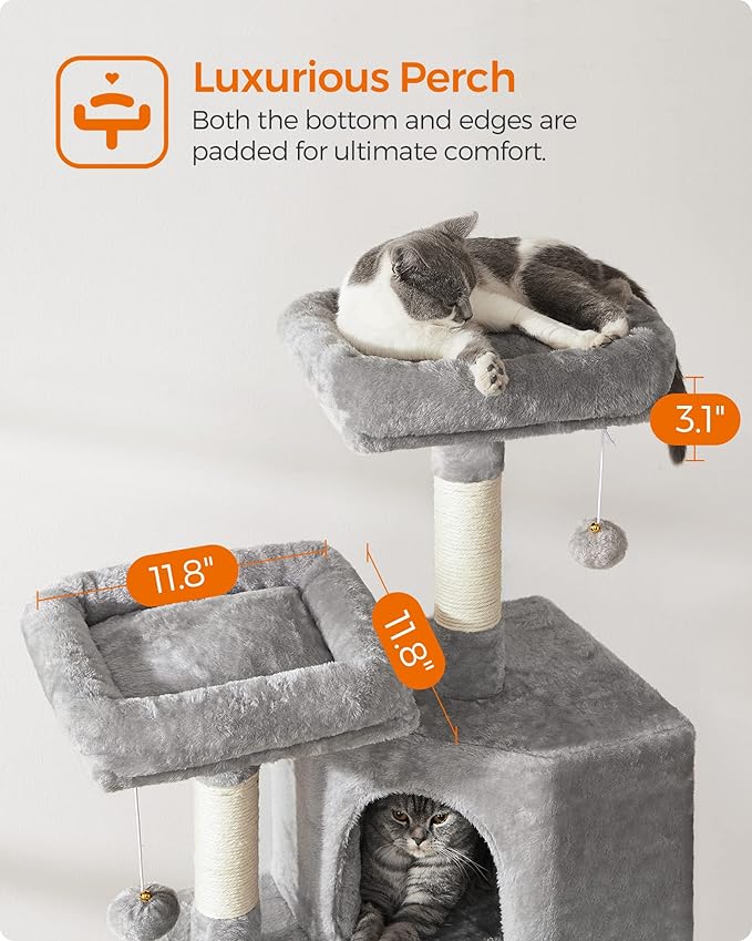Feandrea Cat Tower, Cat Tree for Indoor Cats, 45.3-Inch Cat Condo with Scratching Post, Ramp, Perch, Spacious Cat Cave, for Kittens, Elderly Cats, Adult Cats, Small Space, Light Gray UPCT141W01