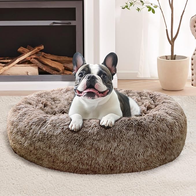 JOLLYVOGUE Calming Dog & Cat Bed for Small Dogs, Anti-Anxiety Donut Cuddler Cozy Soft Round Bed with Anti-Slip Bottom, Fluffy Faux Fur Plush Cushion Beds for Small Dogs, 20"/Smoke Brown