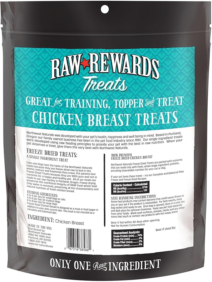 Northwest Naturals Raw Rewards Freeze-Dried Chicken Breast Treats for Dogs and Cats - Bite-Sized Pieces - Healthy, 1 Ingredient, Human Grade Pet Food, All Natural, Proudly Made in USA, 10 Oz