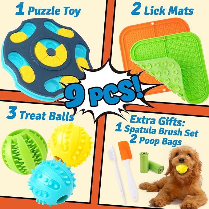 9 Pack Engaging Dog Puzzle Toy Set – Mentally Stimulating Enrichment Toys for Small & Medium Dogs, Includes Lick Mat with Suction Cups for Boredom Relief