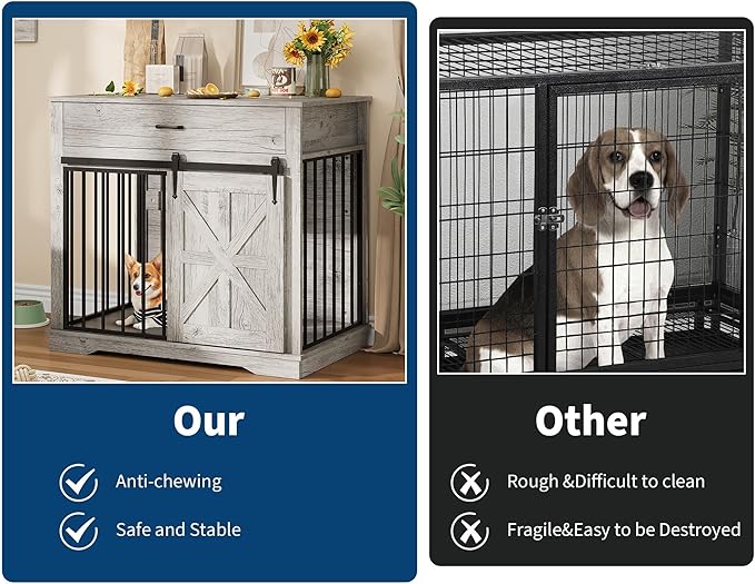 37.8" Dog Crate Furniture, Farmhouse Style 2-in-1 Dog Crate with Sliding Barn Door for Small/Medium Dogs, Dual Function as Side Table with Storage Drawer, 2-in-1 Iron-Wood Fusion Design, Grey