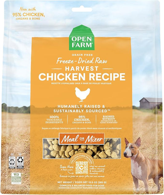 Open Farm, Freeze Dried Raw Dog Food, Morsels with 95% Meat, Organs & Bone, Organic Produce & Superfoods, Complete Meal or Freeze Dried Dog Food Topper, Chicken Recipe, 13.5oz Bag