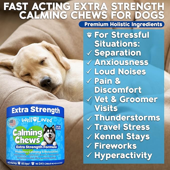 Calming Chews for Dogs - Dog Calm Treats, Made in USA, Vet Recommended, Behavior Support with Melatonin & Hemp, Stress, Separation, Fireworks, Travel, Extra Strength