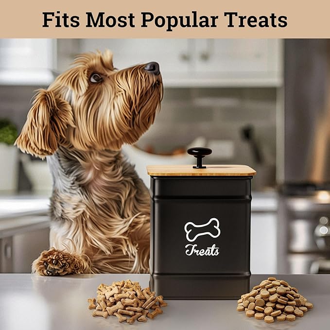 Dog Treat Container Airtight - 5 Inch Wide x 7 Inch Tall Iron Dog Treat Jar for Kitchen Counter with Airtight Bamboo Lid - 7 Cup Capacity Pet Treat Container - Doggie Cookie Jar - Big Treats Canister