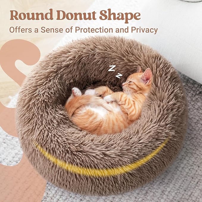 rabbitgoo Cat Beds for Indoor, 20 inches Machine Washable, Fluffy Round Pet Bed Non-Slip, Calming Soft Plush Donut Cuddler Cushion Self Warming for Small Dogs Kittens, Light Brown, Medium