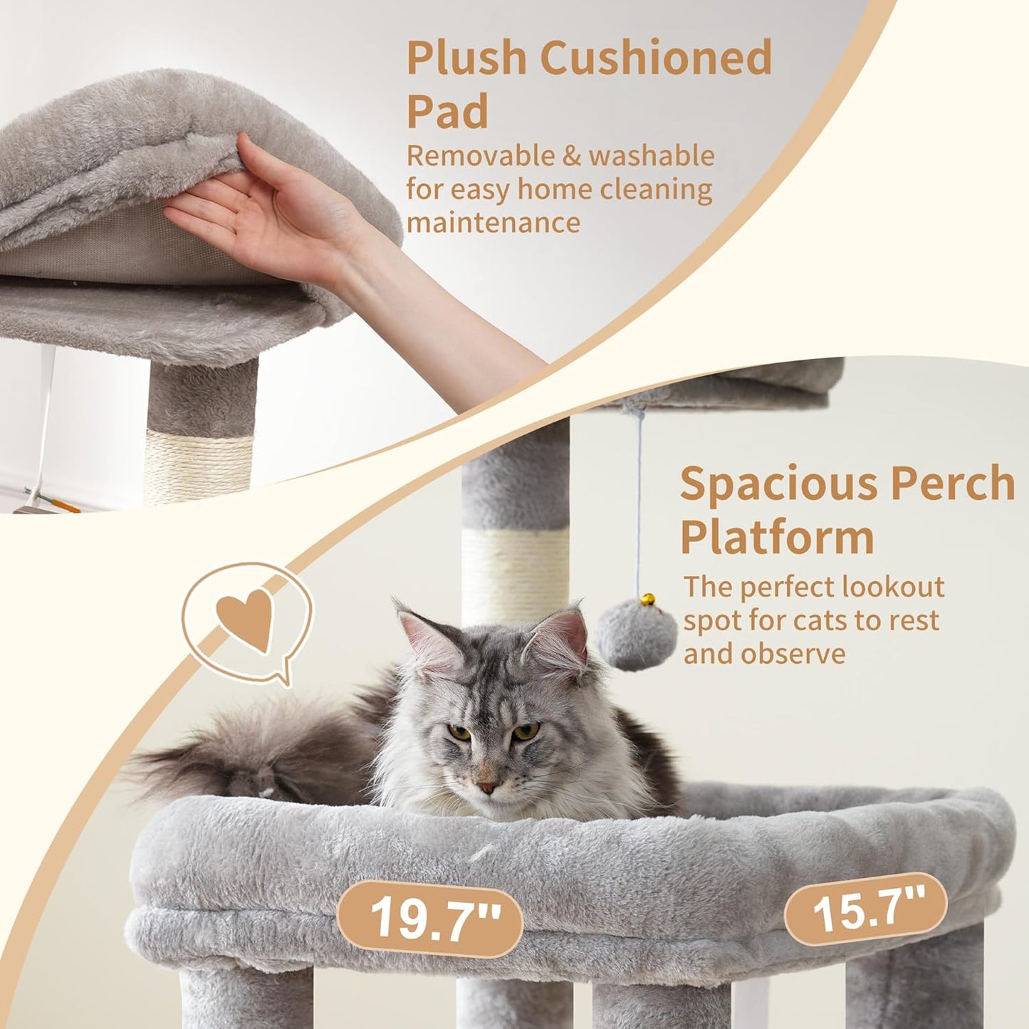 Heybly Heavy Duty Cat Tree, 71-Inch Tall Tower for Large Maine Coon with Extra-Large Baseboard, Cat Condo Furniture with Multi-Level Platforms, 2 Hammocks and 12 Scratching Posts, Light Gray HCT037W