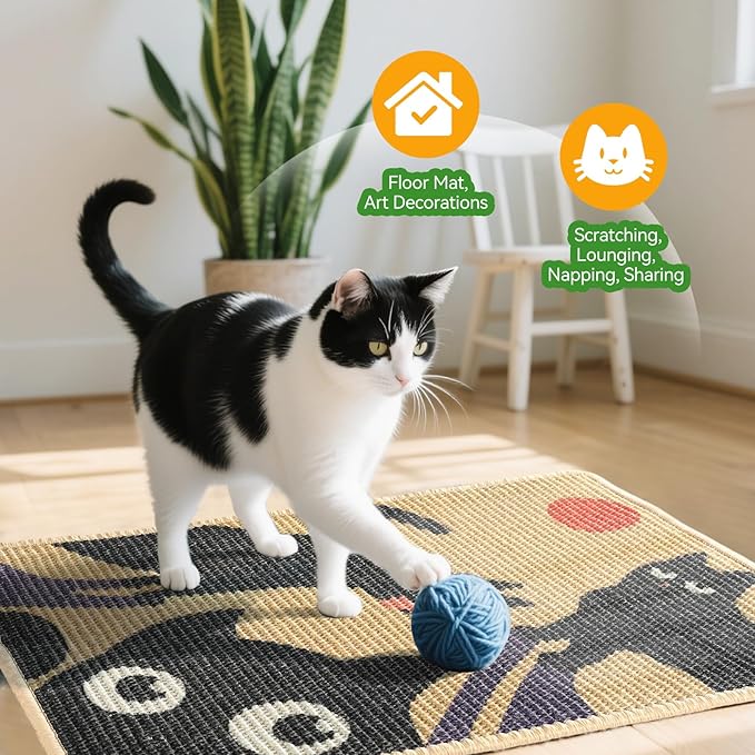 3-in-1 Sisal Cat Scratcher Mat 23.6x15.7'' Protects Carpet Couch & Furniture with Sticker Tape, Floor & Wall Cat Scratching Pad, Anti-Slip, Durable for Indoor Outdoor Cats (Warm Beige)
