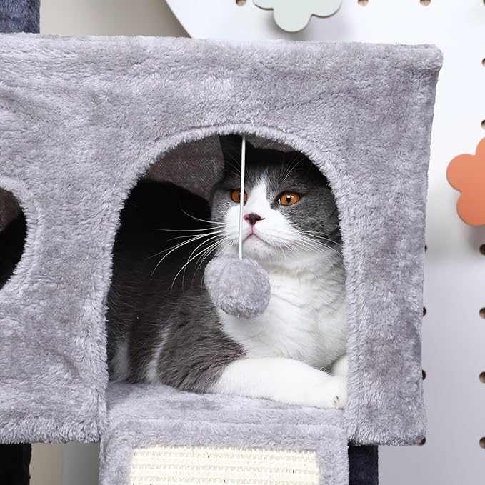 41″ Cat Tree for Indoor Cats Furniture, Cat Tower with Scratching Board and Save Space, Modern Activity House for Large Cats, Condo with Ball Toys, Kittens Cave, Cat's nest, Light Grey