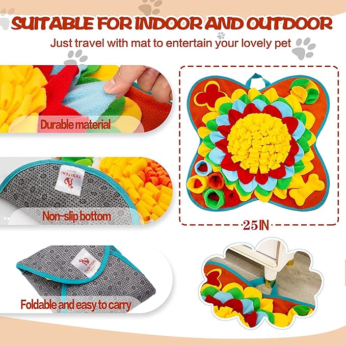Snuffle Mat for Dogs, 25"x 25" Activity Feeding Mat for Small and Medium Pets, Interactive Feed Game for Boredom, Slow Feeder Puzzle Toys for Training and Brain Stimulating