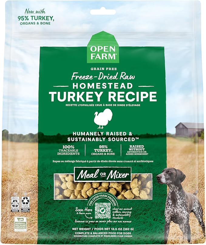 Open Farm, Freeze Dried Raw Dog Food, Morsels with 95% Meat, Organs & Bone, Organic Produce & Superfoods, Complete Meal or Freeze Dried Dog Food Topper, Turkey Recipe, 13.5oz Bag