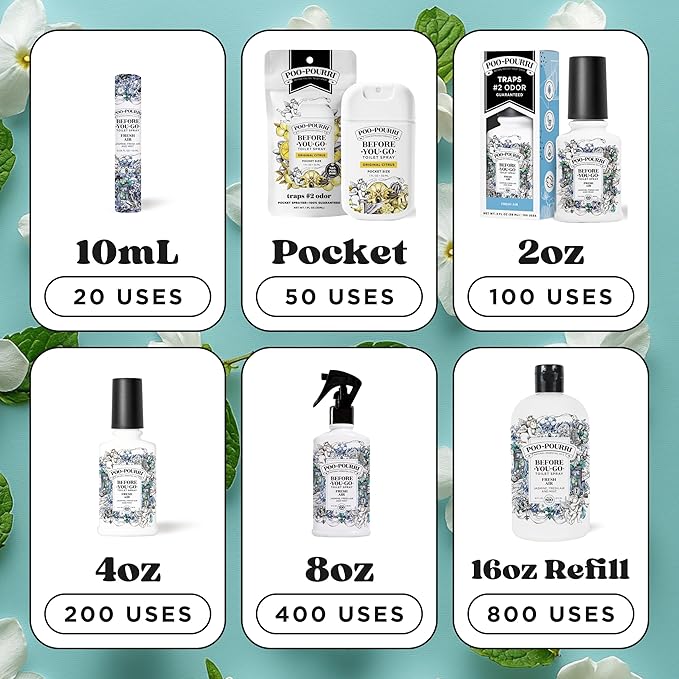 Poo-Pourri Before-You-Go Toilet Spray, Fresh Air, 4 Fl Oz, Up to 200 Uses, Bathroom Odor Deodorizer , Plant-Based with Essential Oils, for Home or Work, Jasmine, Fresh Air and Mint Scent