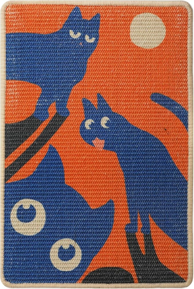 3-in-1 Sisal Cat Scratcher Mat 23.6x15.7'' Protects Carpet Couch & Furniture with Sticker Tape, Floor & Wall Cat Scratching Pad, Anti-Slip, Durable for Indoor Outdoor Cats (Vivid Orange)