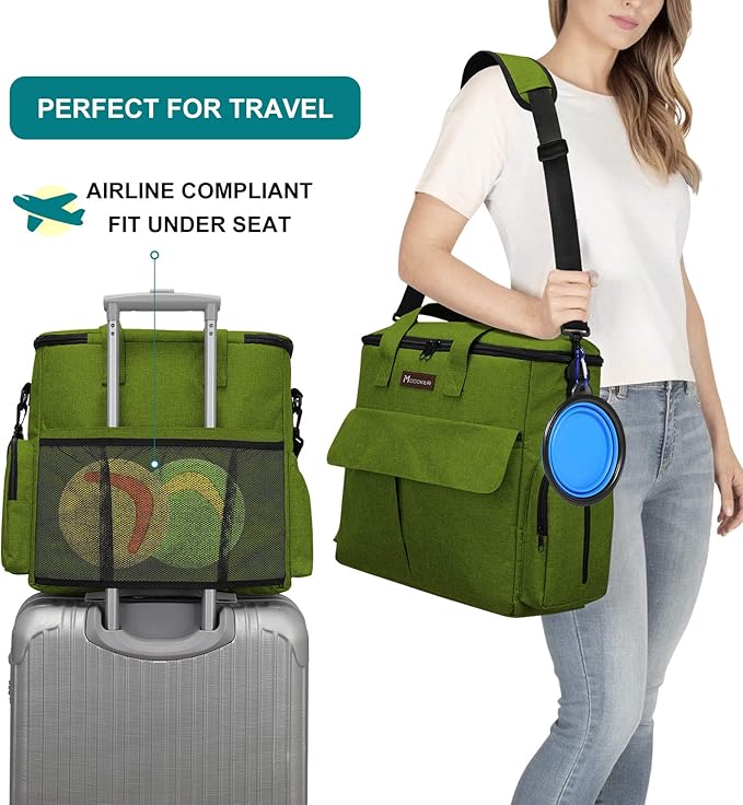 Modoker Dog Travel Bag, Weekend Pet Travel Set for Dog and Cat, Airline Approved Tote Organizer with Multi-Function Pockets and 2 Food Storage Containers, 2 Collapsible Bowls, 1 Feeding Mat (Green)
