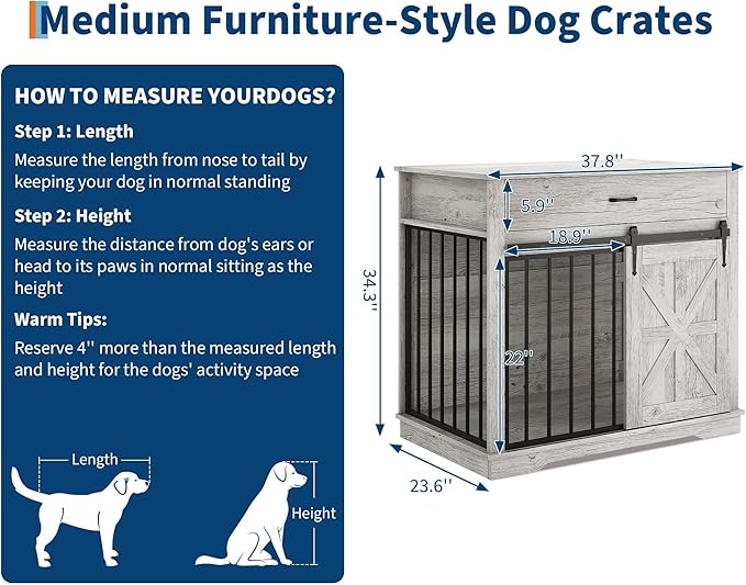 37.8" Dog Crate Furniture, Farmhouse Style 2-in-1 Dog Crate with Sliding Barn Door for Small/Medium Dogs, Dual Function as Side Table with Storage Drawer, 2-in-1 Iron-Wood Fusion Design, Grey