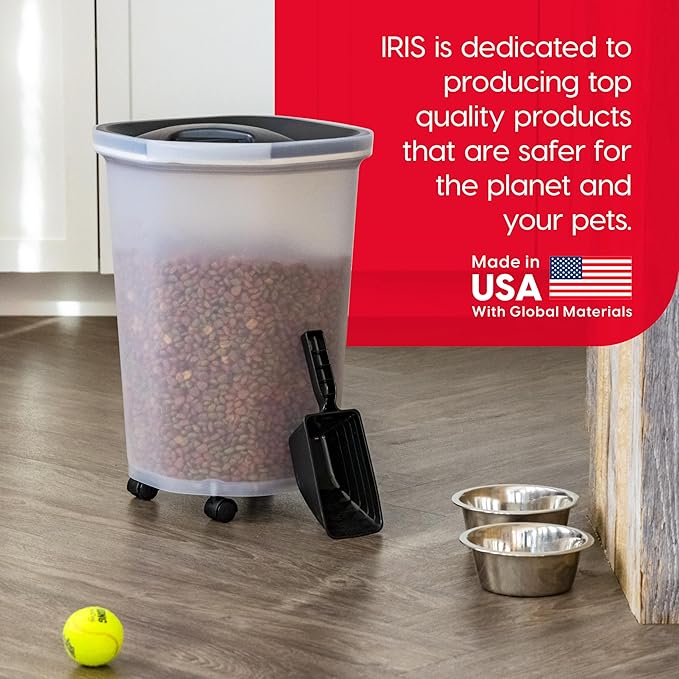 IRIS USA Pet Food Storage Container 25 lbs, Premium 60% Improved Airtight Seal with Air Valve, 2 Cup Scoop, Removable Wheels, Easy to Open - Made in the USA, Black