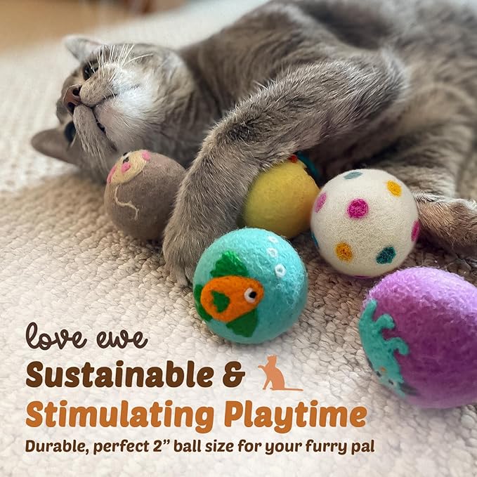 Hustle & Blush Wool Felt Balls 3 Pack Love Ewe Pet Supplies - 2 in Felted Wool Cat Toys 100% New Zealand Wools Felt Cat Toys Handmade Wools Felts Balls, Cats Felts Ball with Bell - Hook, Line & Jingle