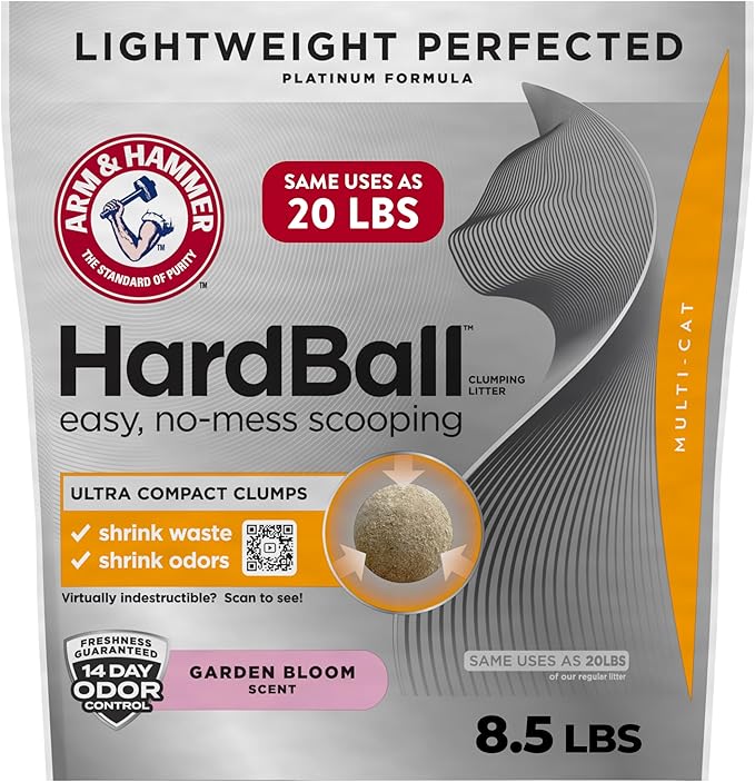 ARM & HAMMER Hardball Lightweight Platinum Multi-Cat Clumping Cat Litter Odor Control, Easy No-Mess Scooping, Garden Bloom Scent, 8.5 Lbs.