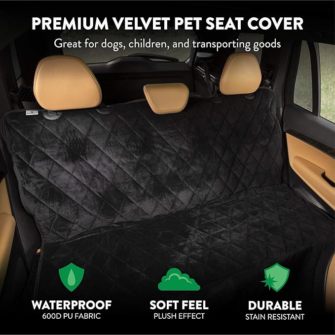 Plush Paws Products Velvet Rear Car Seat Protector w/Hammock | Washable & Waterproof Back Seat Dog Cover for Car, Truck, & SUV | Nonslip, Tear Resistant Pet Seat Cover | X-Large Charcoal