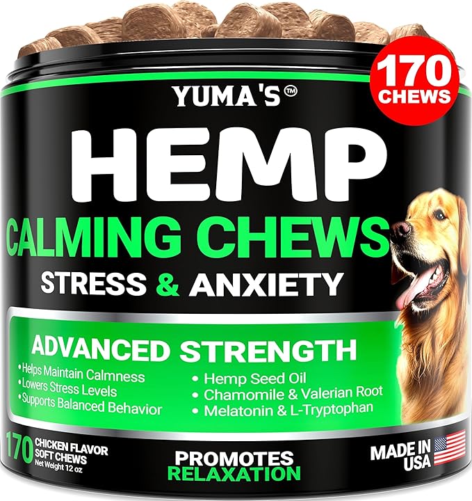 Hemp Calming Chews for Dogs - Advanced Dog Calming Chews - 170 Chews - Anxiety Relief Treats - Separation Aid, Barking, Stress Relief, Thunderstorms - Melatonin - Hemp Oil - Made in USA