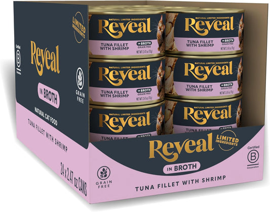 Reveal Natural Wet Cat Food, 24 Count, Grain Free, Limited Ingredient Canned Food for Cats, Tuna Fillet with Shrimp in Broth, 2.47 oz Cans