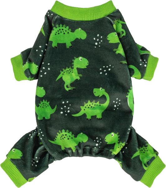 Fitwarm Dinosaur Dog Fleece Pajamas, Warm Clothes for Small Dogs Boy, Cozy Pet Onesie with Feet, Dark Green, Bright Green, Large