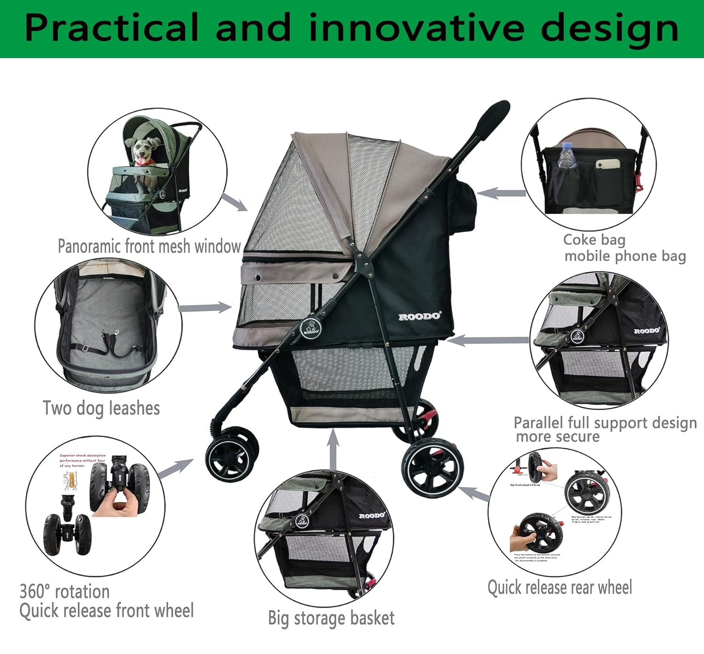 ROODO Escort 3 Wheel Dog Cat Pet Stroller for Small/Medium Dogs Cats Best Lightweight Foldable Portable Compact Jogger All Terrain Travel Pet Gear System Puppy Doggie Bunny Kitty Stroller(Grey)