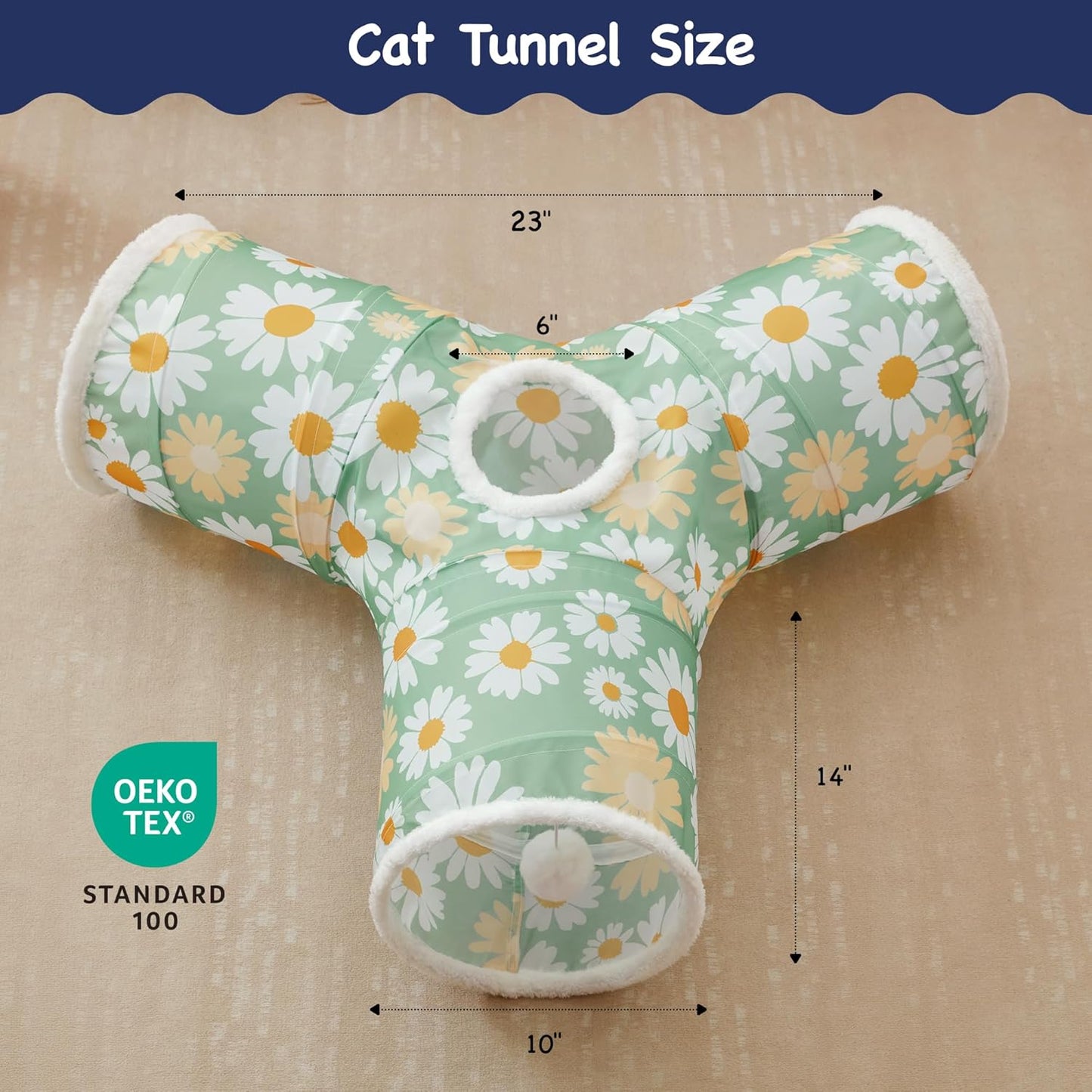 Tempcore Pet Cat Tunnel Tube Cat Toys 3 Way Collapsible, Cat Tunnels for Indoor Cats，Kitty Tunnel Bored Pet Toys Peek Hole Toy Ball Puppy, Kitty, Kitten, Rabbit Daisy Green Printed