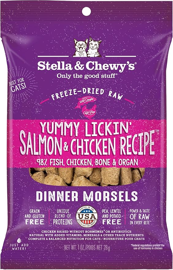 Stella & Chewy's Freeze-Dried Raw Cat Dinner Morsels - Premium Salmon & Chicken Recipe with 98% Wild-Caught & Cage-Free Protein - Natural Grain-Free Cat & Kitten Food - Made in USA - 1 oz
