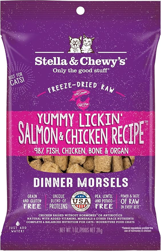 Stella & Chewy's Freeze-Dried Raw Cat Dinner Morsels - Premium Salmon & Chicken Recipe with 98% Wild-Caught & Cage-Free Protein - Natural Grain-Free Cat & Kitten Food - Made in USA - 1 oz