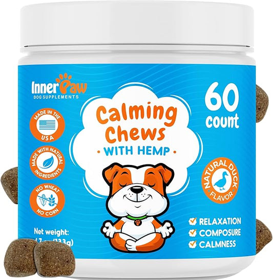 INNER PAW Calming Chews for Dogs – Hemp, Chamomile & Passion Flower – Natural Calming Aid for Stress, Relaxation, Travel & Separation – Duck Flavor Soft Chews Made in USA, 60 Count