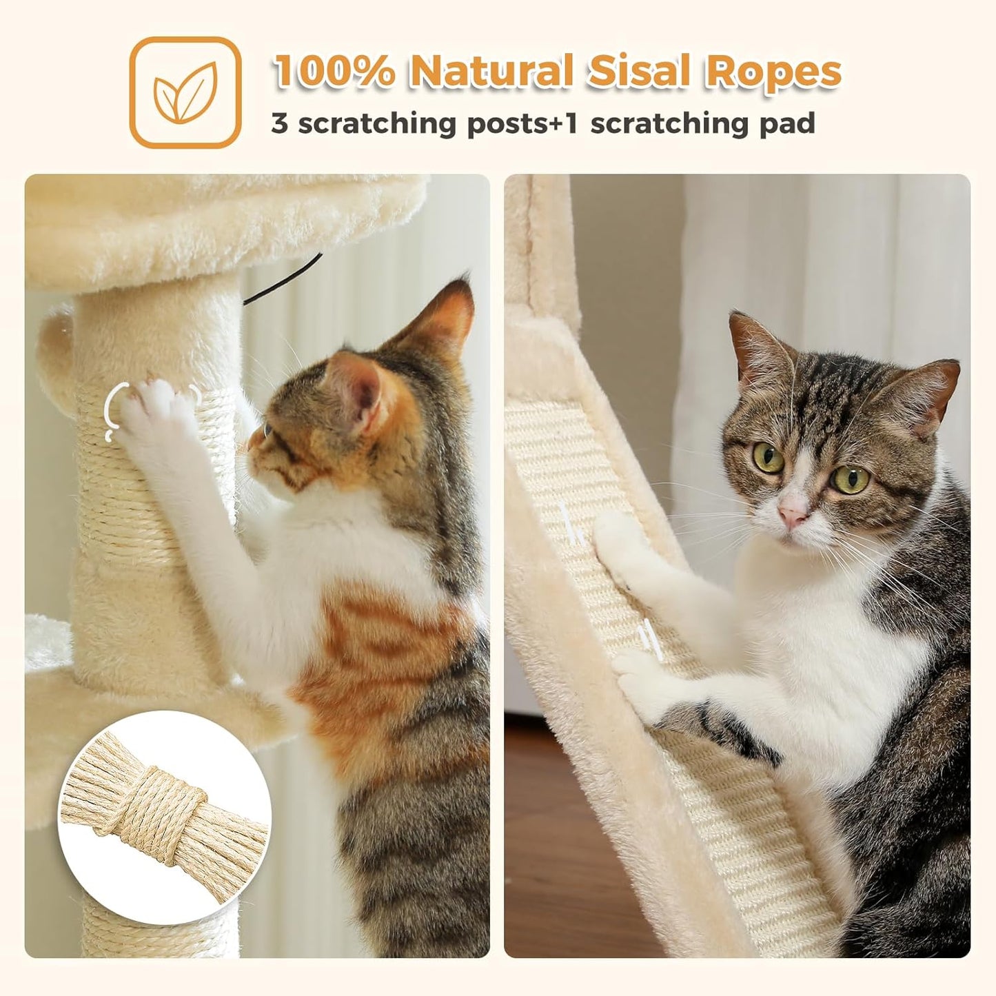 PAWZ Road Cat Tree, 51.6 Inches Cat Tower with Dual Condos, Spacious Perch, Cozy Basket and Sisal-Covered Scratching Posts for Indoor Cats- Beige