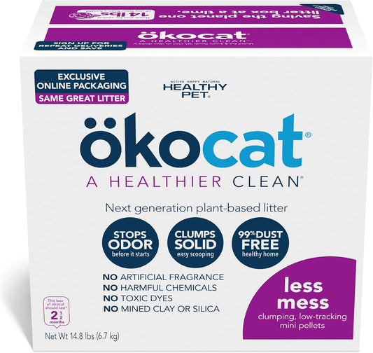 ökocat Less Mess Low Tracking Wood Clumping Cat Litter Mini- Pellets, Unscented, 14.8 pounds - Natural Ingredients, Stops Odor, Clumps Solid, 99% Dust Free, Great for Long-Hair Breeds, All Cats
