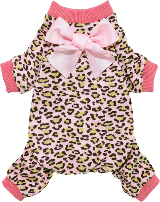 Fitwarm Leopard Dog Pajamas, Fleece Dog Clothes for Small Dogs Girl with Legs, Pet Onesie, Cat Outfit, Pink, XS