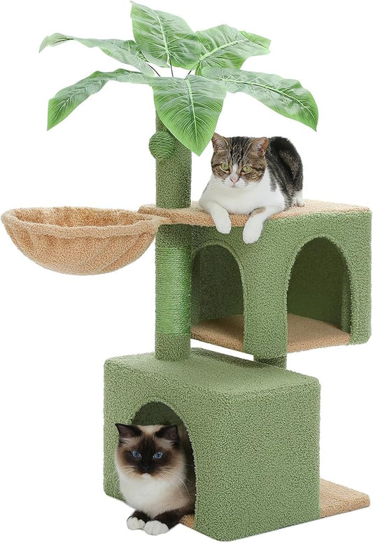 Green Cat Tree for Indoor Cats, 43" Small Cat Tower with Realistic Leaves, Scratching Posts, Dual Condos and Cozy Hammocks, Kitten Activity Center with Dangling Ball