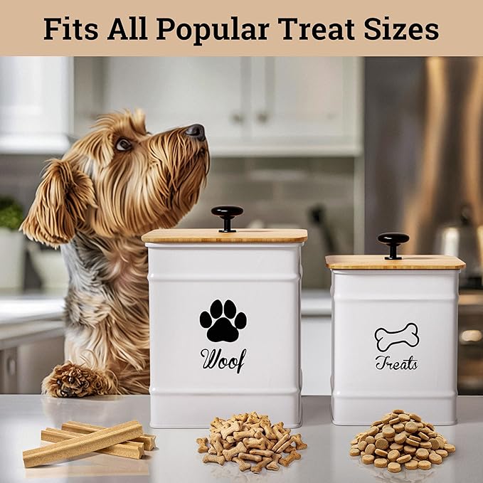 Dog Treat Container Airtight Set of 2 - 8x6 & 7x5 inch Iron Dog Treat Jars for Kitchen Counter with Airtight Bamboo Lids - 20 Cup Capacity Pet Treat Container Set - Doggie Cookie Jar - Treats Canister
