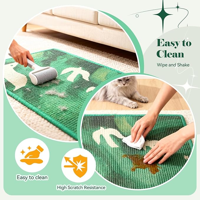 3-in-1 Sisal Cat Scratcher Mat 23.6x15.7'' Protects Carpet Couch & Furniture with Sticker Tape, Floor & Wall Cat Scratching Pad, Anti-Slip, Durable for Indoor Outdoor Cats (Green Emergence)