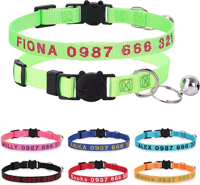 Personalized Cat Collars, Embroidered with Pet Name and Phone Number, Adjustable Nylon Breakaway Safety Release Buckle ID Collar,Custom Text with Bell for Cat or Kitten,Grass Green
