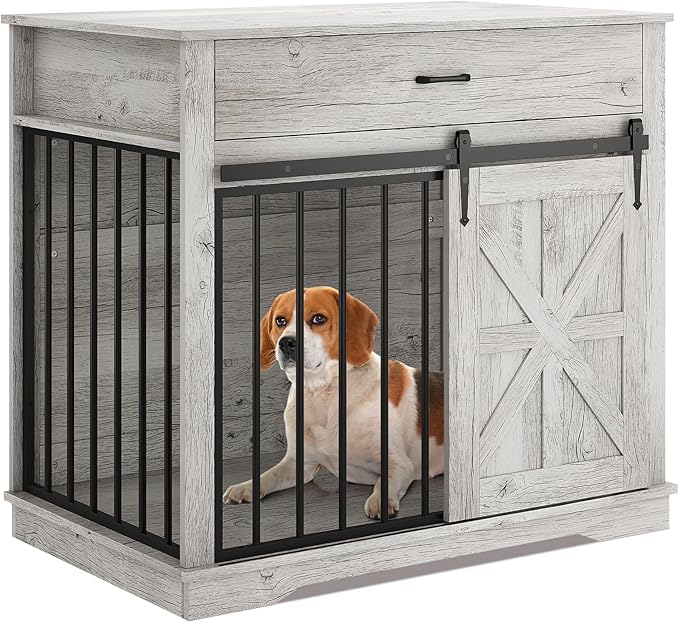 37.8" Dog Crate Furniture, Farmhouse Style 2-in-1 Dog Crate with Sliding Barn Door for Small/Medium Dogs, Dual Function as Side Table with Storage Drawer, 2-in-1 Iron-Wood Fusion Design, Grey