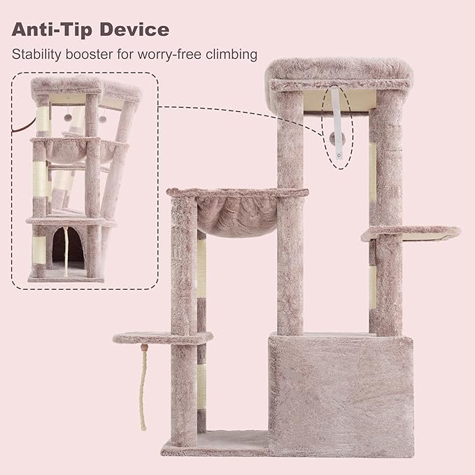Heybly Heavy Duty Cat Tree, Tower for Indoor Cats Large Adult, Tall Cat Condo House with Extra-Large Baseboard, Multi-Level Plush Furniture with Scratching Posts, Hammock,Toy Balls,Muchroom HCT026MU