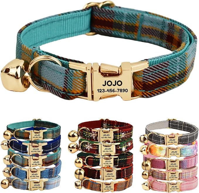 Plaid Polyester Personalized Cat Collar with Name & Owner Phone, Customizable Laser-Engraved, Charming Bell, Metal Buckle for Kittens and Cats - Matching Leash Available (Style-B)