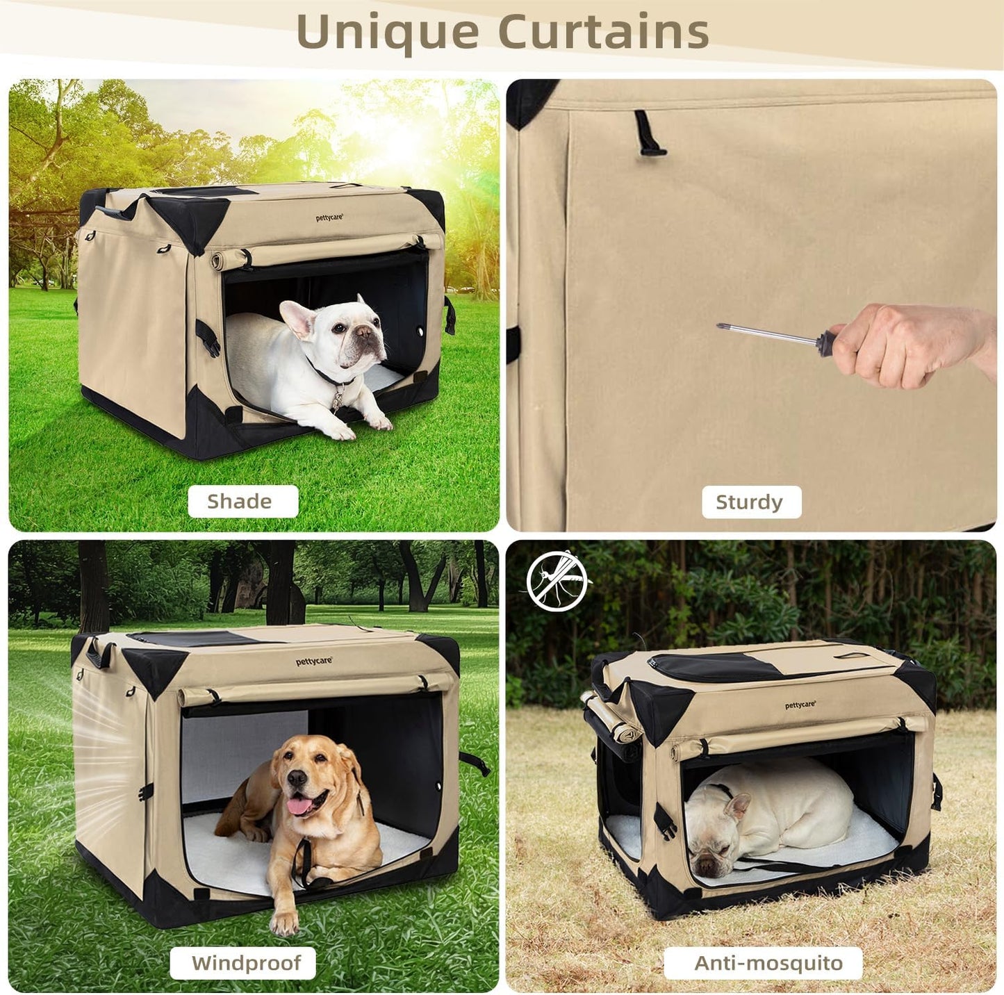 Pettycare 26 Inch Collapsible Dog Crate with Curtains Travel Dog Crate for Airflow and Calm Soft Pet Kennel with Portable Bag and More Chew Proof Mesh Indoor & Outdoor Beige 4 Door Curtains