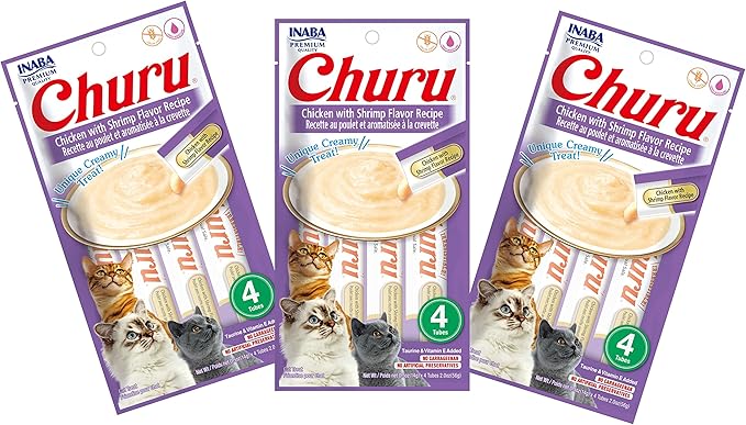 INABA Churu Cat Treats, Grain-Free, Lickable, Squeezable Creamy Purée Cat Treat/Topper with Vitamin E & Taurine, 0.5 Ounces Each Tube, 12 Tubes (4 per Pack), Chicken with Shrimp Recipe