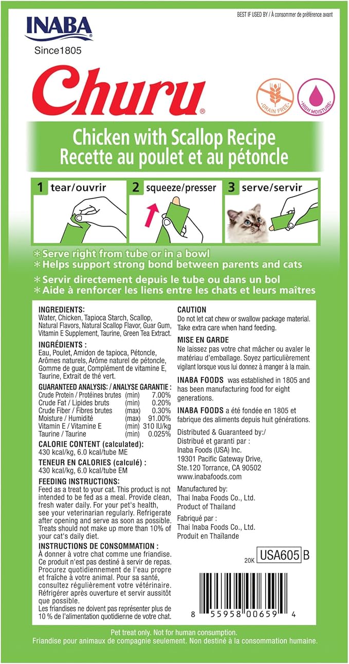 INABA Churu Cat Treats, Grain-Free, Lickable, Squeezable Creamy Purée Cat Treat/Topper with Vitamin E & Taurine, 0.5 Ounces Each Tube, 4 Tubes, Chicken with Scallop Recipe