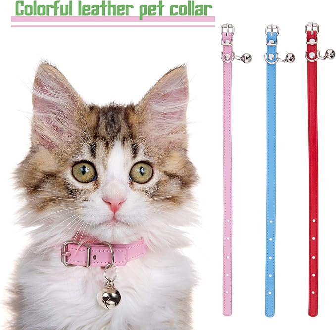 Weewooday 6 Pieces Leather Cat Collar with Bell Cute Pet Leather Kitten Collar for Boy Girl Cats with Safety Elastic Strap for Small Kitten Puppy(Bright Color)