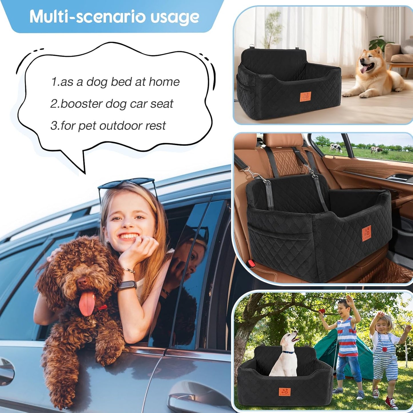 Dog Car Seat for Medium/Large Dogs,Dog Booster Seat for Dog Under 50lbs or 2 Small Dogs, Detachable and Washable Pet Car Seat,Multi-Functional Travel Dog Bed & Dog Sofa(Black)