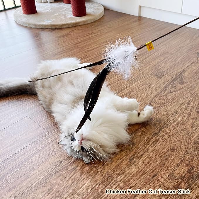 TTcat Cat Wand Toys Feather Stick Toys,3 Pcs Cat Teaser Sticks with Different Feathers, Peacock, Chicken Feathers,Interactive oys for Indoor and Kitten.