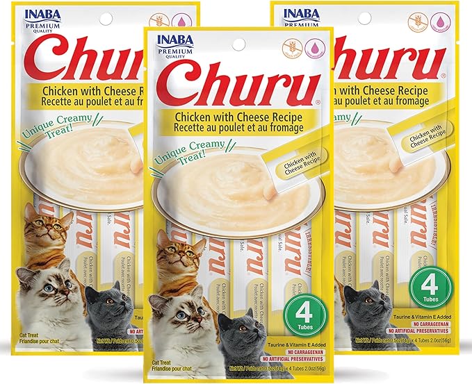 INABA Churu Cat Treats, Grain-Free, Lickable, Squeezable Creamy Purée Cat Treat/Topper with Vitamin E & Taurine, 0.5 Ounces Each Tube, 12 Tubes (4 per Pack), Chicken with Cheese Recipe
