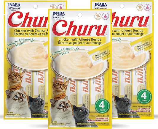 INABA Churu Cat Treats, Grain-Free, Lickable, Squeezable Creamy Purée Cat Treat/Topper with Vitamin E & Taurine, 0.5 Ounces Each Tube, 12 Tubes (4 per Pack), Chicken with Cheese Recipe