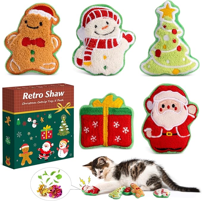Retro Shaw Christmas Cat Toys, Xmas Catnip Toys for Indoor Cats Kitten Teeth Cleaning, Crinkly Interactive Cat Chew Nip Kitty Kicker Toy Santa Claus Trees Snowman, 5 Pack