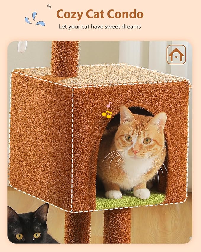 Mushroom Cat Tree with Sisal Scratching Posts, 35.4" Cute Cat Tower Cat Condo w/Large Green Top Perch, Soft Red Hammock, and Mushroom Dangling Ball, for Small-Medium Cats, Brown